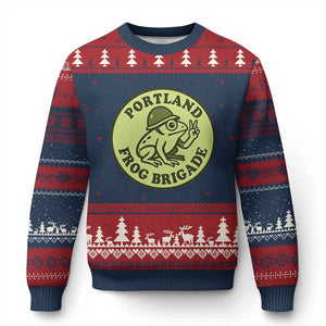 Portland Frog Brigade Ugly Christmas Sweater Peace Frog Protest Badge - Print Your Wear