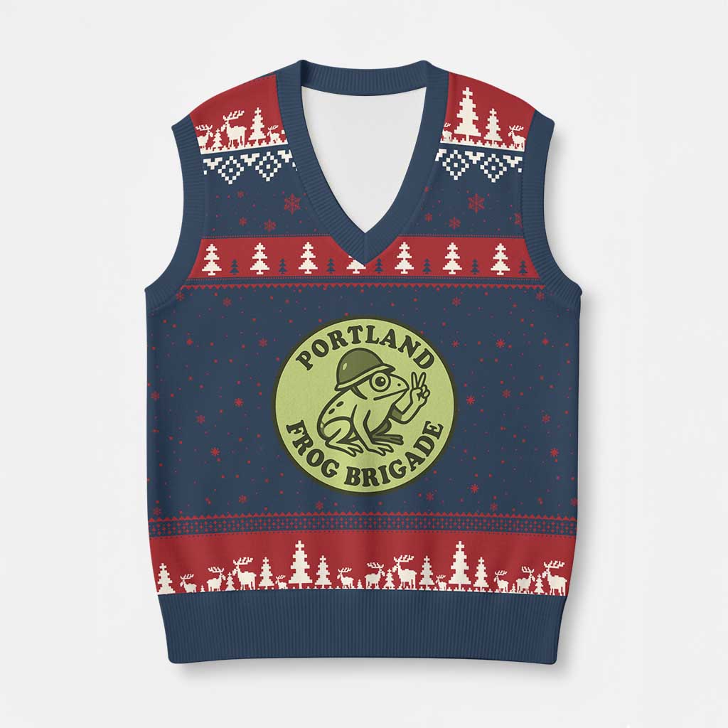Portland Frog Brigade V-Neck Knit Sweater Vest Peace Frog Protest Badge - Print Your Wear