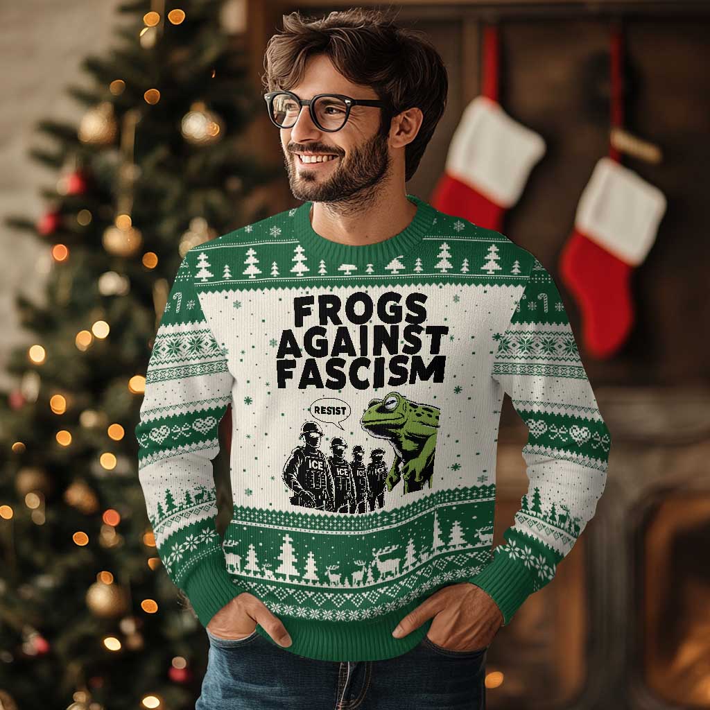 Frogs Against Fascism Ugly Christmas Sweater Resist 2025 Free Portland Protest TS02 Beige Green Print Your Wear