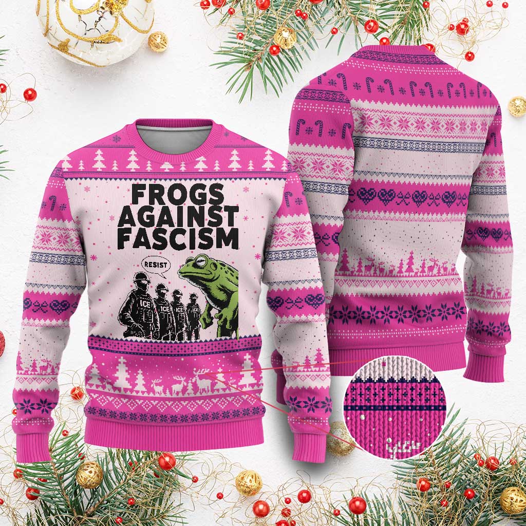 Frogs Against Fascism Ugly Christmas Sweater Resist 2025 Free Portland Protest TS02 Hot Pink Print Your Wear