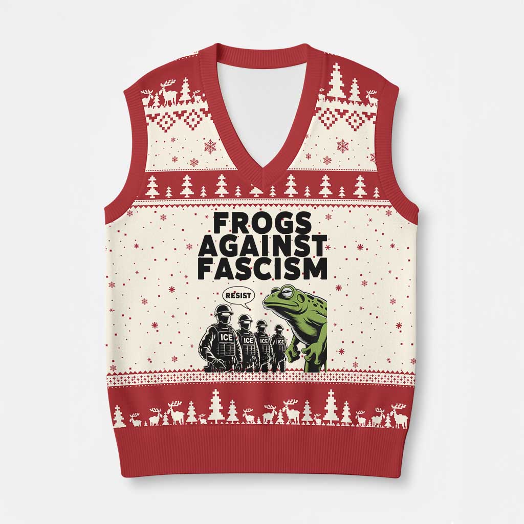 Frogs Against Fascism V-Neck Knit Sweater Vest Resist 2025 Free Portland Protest - Print Your Wear