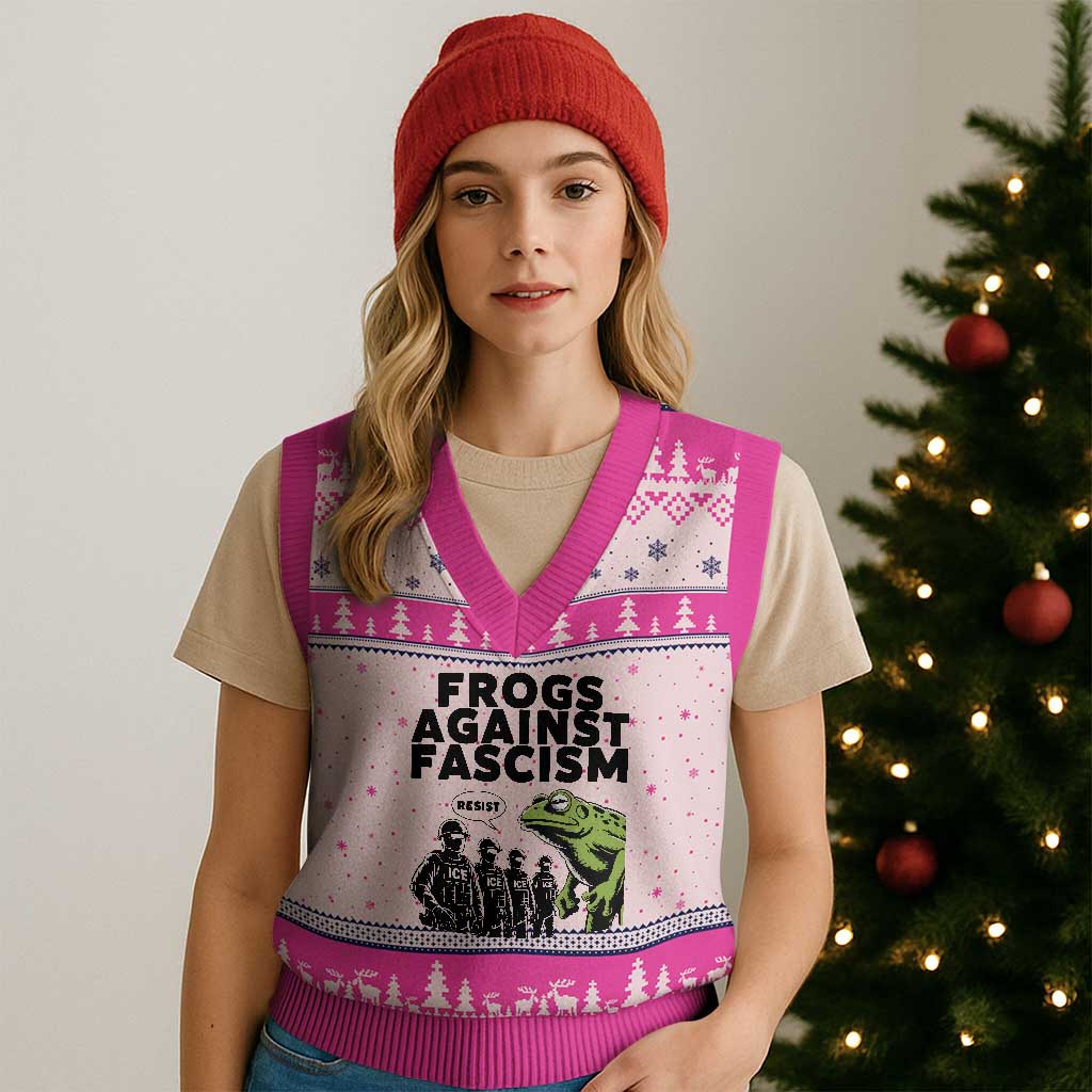 Frogs Against Fascism V-Neck Knit Sweater Vest Resist 2025 Free Portland Protest TS02 Hot Pink Print Your Wear