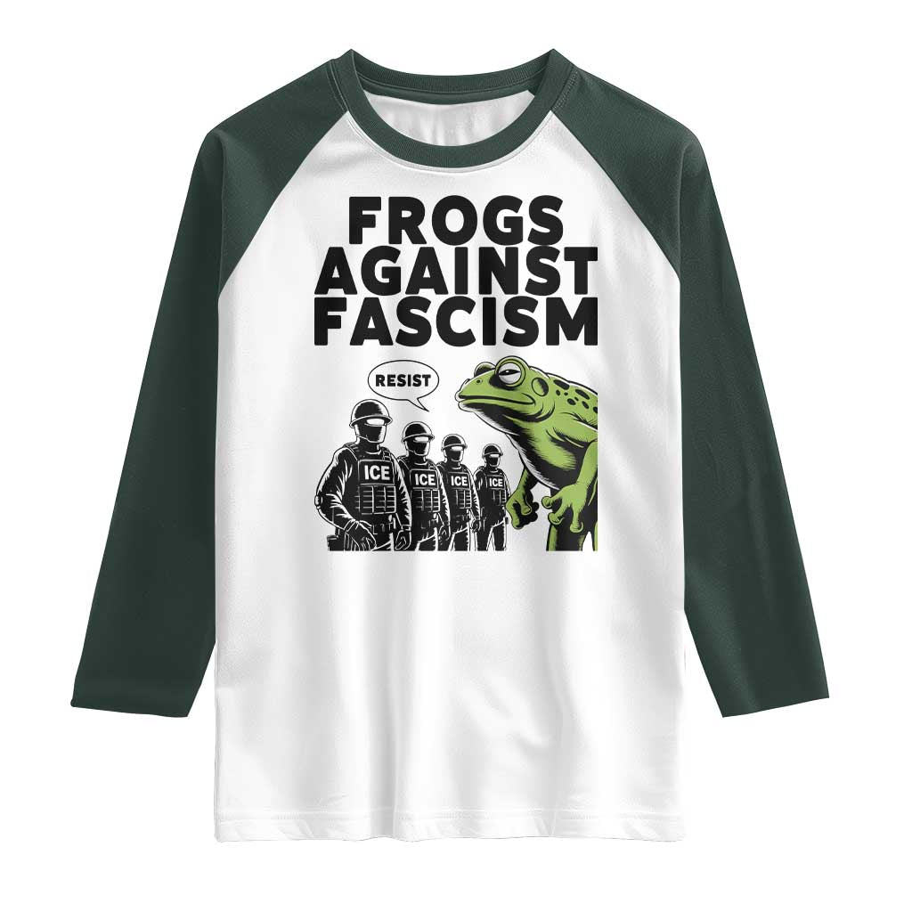 Frogs Against Fascism Raglan Shirt Resist 2025 Free Portland Protest TS02 White Dark Forest Green Print Your Wear