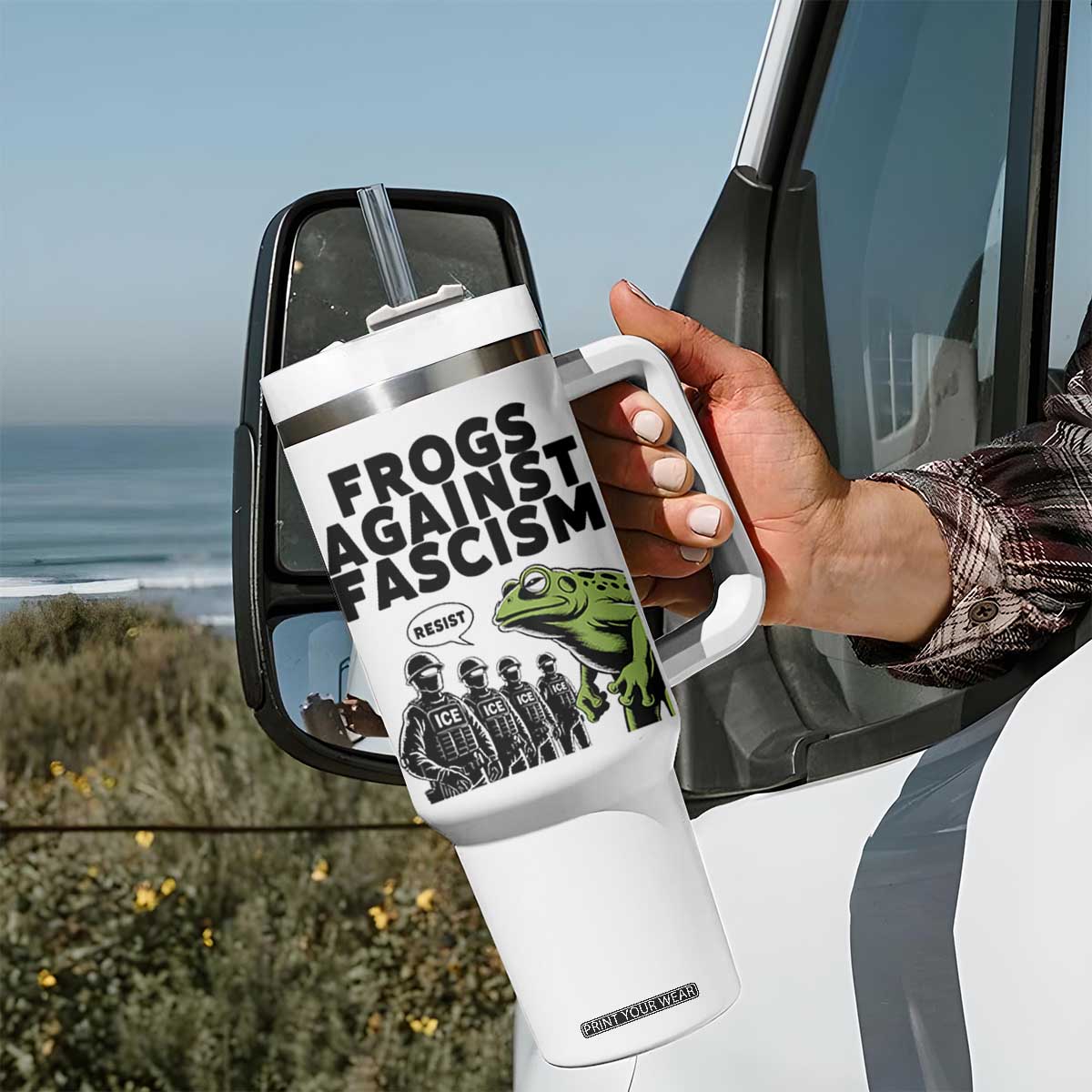 Frogs Against Fascism Tumbler With Handle Resist 2025 Free Portland Protest TS02 Print Your Wear
