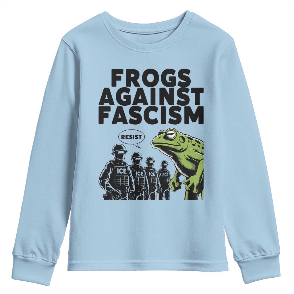 Frogs Against Fascism Youth Sweatshirt Resist 2025 Free Portland Protest TS02 Light Blue Print Your Wear