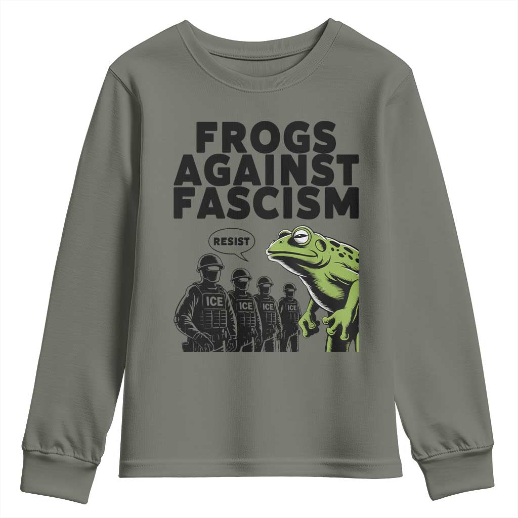 Frogs Against Fascism Youth Sweatshirt Resist 2025 Free Portland Protest TS02 Military Green Print Your Wear
