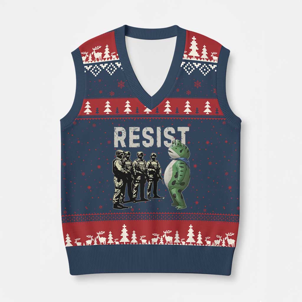 Resist Frog V-Neck Knit Sweater Vest Inflatable Animal Protest Free Portland TS02 Navy Red Print Your Wear