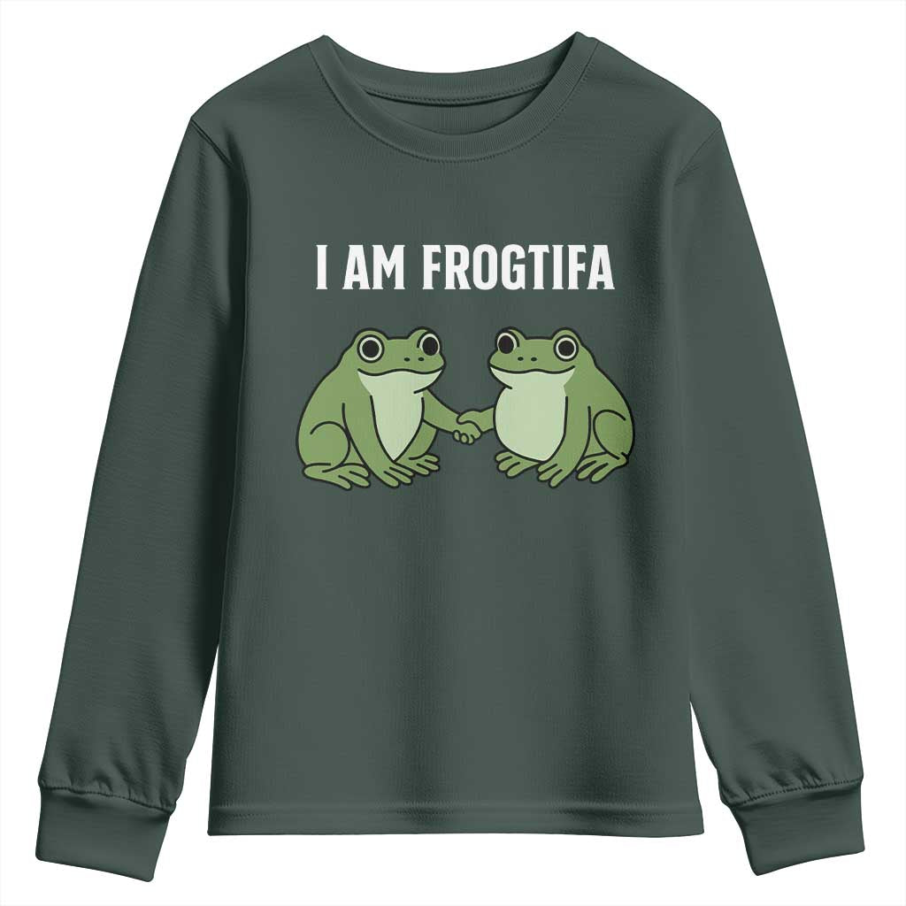 I Am Frogtifa Youth Sweatshirt Portland Frog Resist Protest Handshake Frogs TS02 Dark Forest Green Print Your Wear