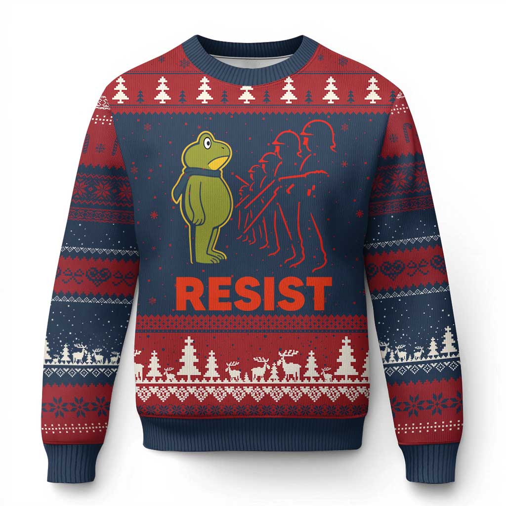 Frog Resist Ugly Christmas Sweater Free Portland Political Satire TS02 Navy Red Print Your Wear