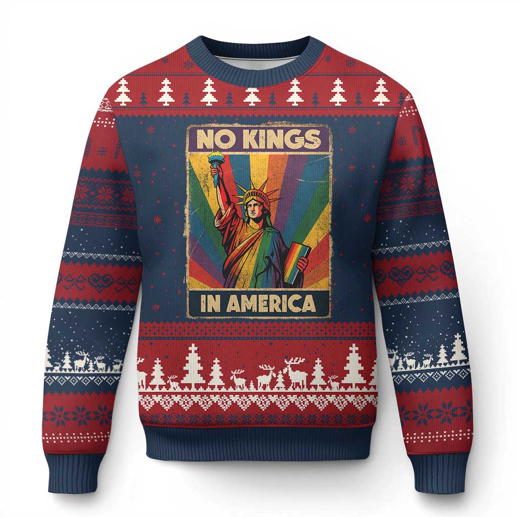 No Kings in America Pride Ugly Christmas Sweater Rainbow Statue of Liberty Protest TS02 Navy Red Print Your Wear