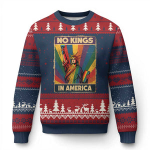 No Kings in America Pride Ugly Christmas Sweater Rainbow Statue of Liberty Protest TS02 Navy Red Print Your Wear