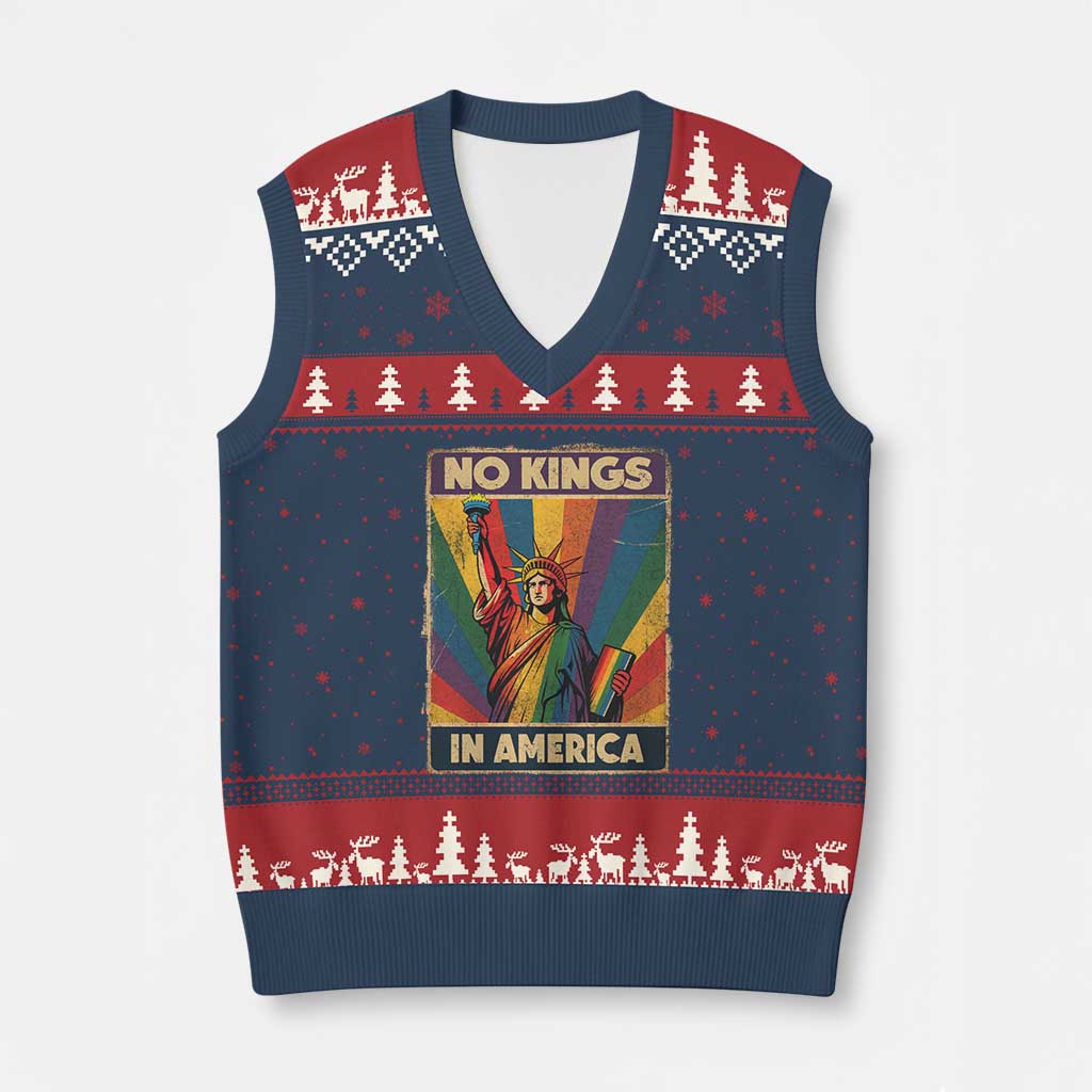 No Kings in America Pride V-Neck Knit Sweater Vest Rainbow Statue of Liberty Protest TS02 Navy Red Print Your Wear