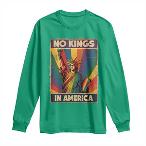 No Kings in America Pride Long Sleeve Shirt Rainbow Statue of Liberty Protest TS02 Irish Green Print Your Wear