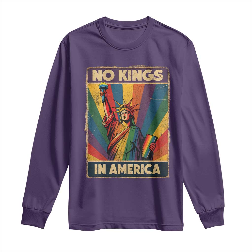 No Kings in America Pride Long Sleeve Shirt Rainbow Statue of Liberty Protest TS02 Purple Print Your Wear