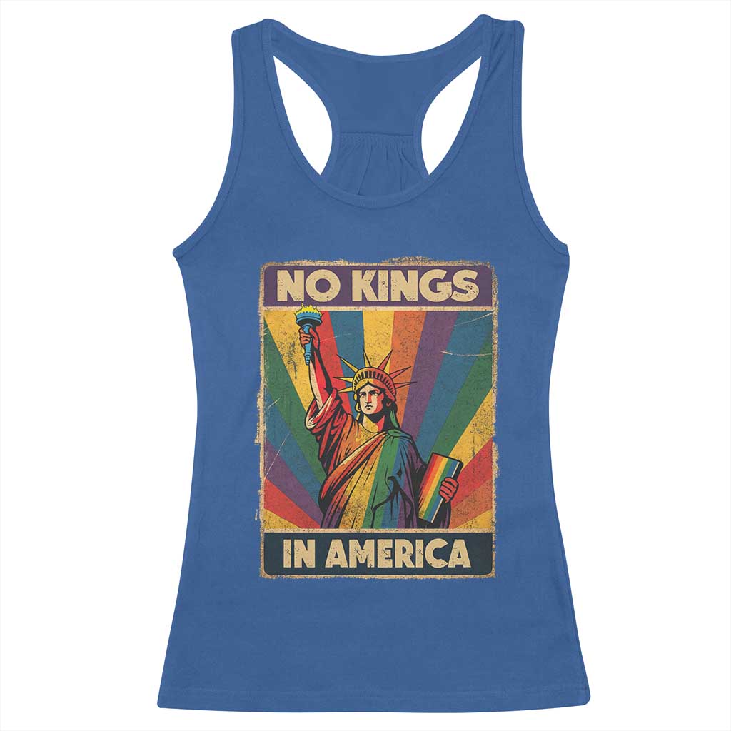 No Kings in America Pride Racerback Tank Top Rainbow Statue of Liberty Protest TS02 Royal Blue Print Your Wear