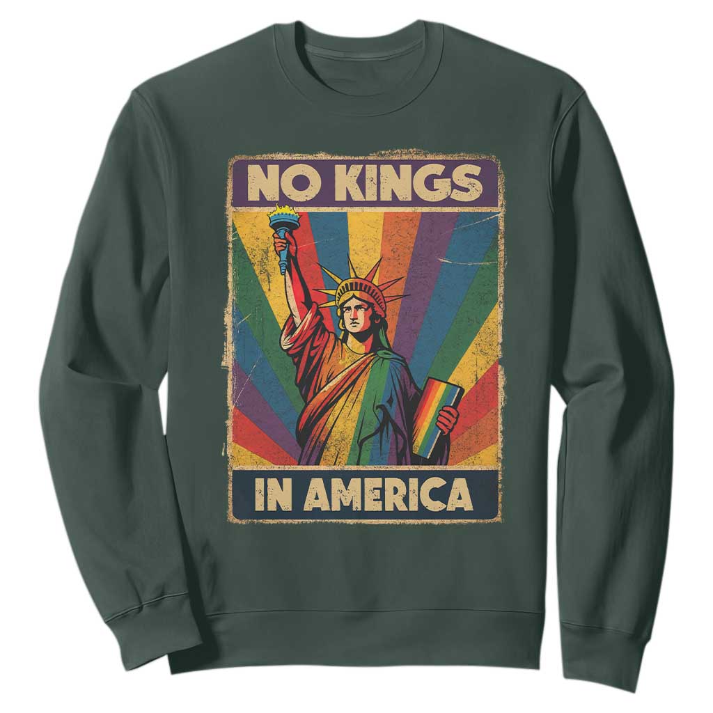 No Kings in America Pride Sweatshirt Rainbow Statue of Liberty Protest TS02 Dark Forest Green Print Your Wear