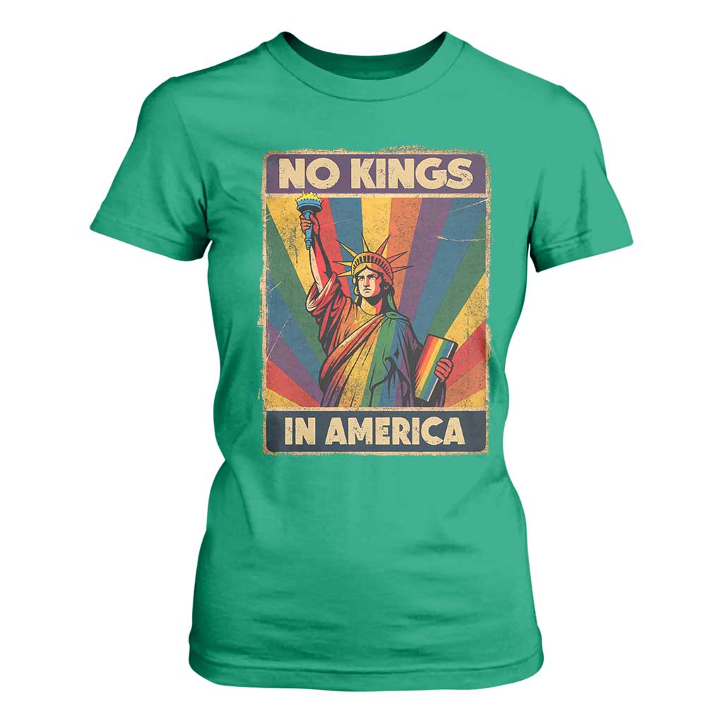 No Kings in America Pride T Shirt For Women Rainbow Statue of Liberty Protest TS02 Irish Green Print Your Wear