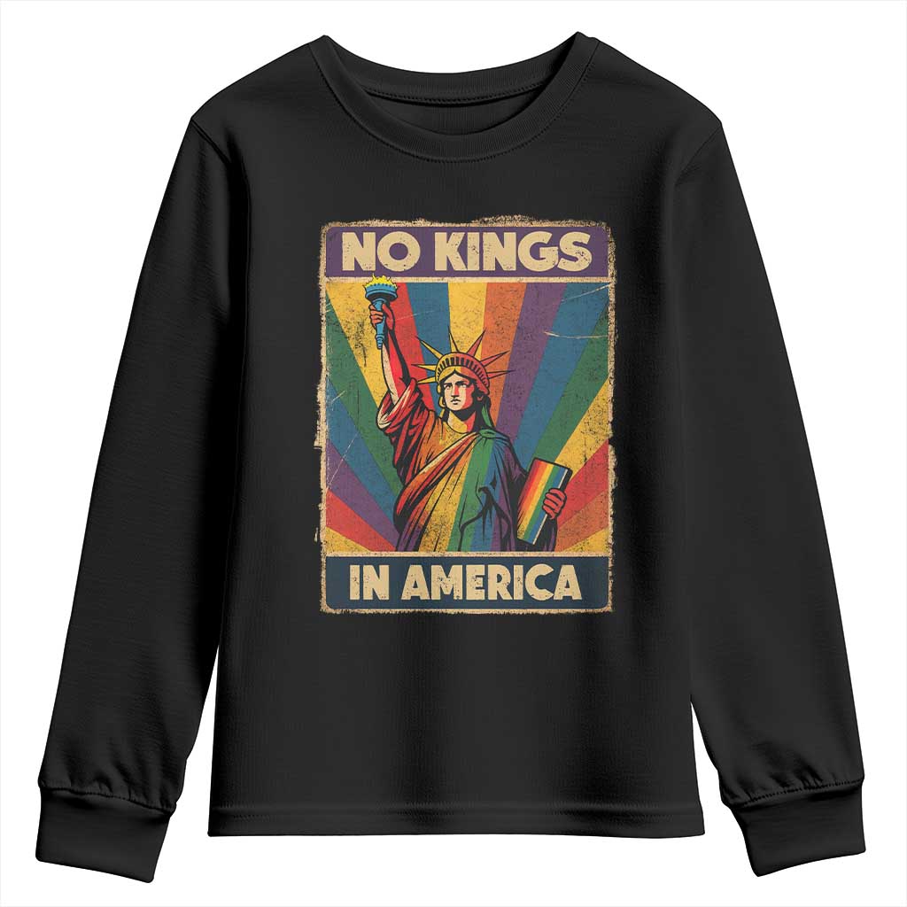 No Kings in America Pride Youth Sweatshirt Rainbow Statue of Liberty Protest TS02 Black Print Your Wear