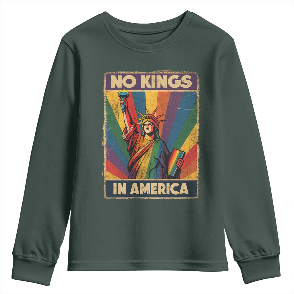 No Kings in America Pride Youth Sweatshirt Rainbow Statue of Liberty Protest TS02 Dark Forest Green Print Your Wear