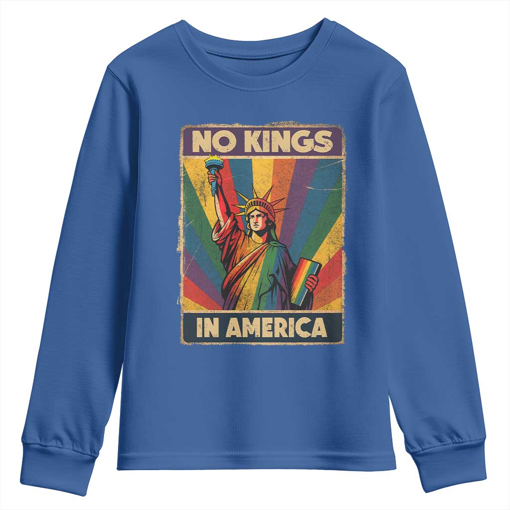 No Kings in America Pride Youth Sweatshirt Rainbow Statue of Liberty Protest TS02 Royal Blue Print Your Wear