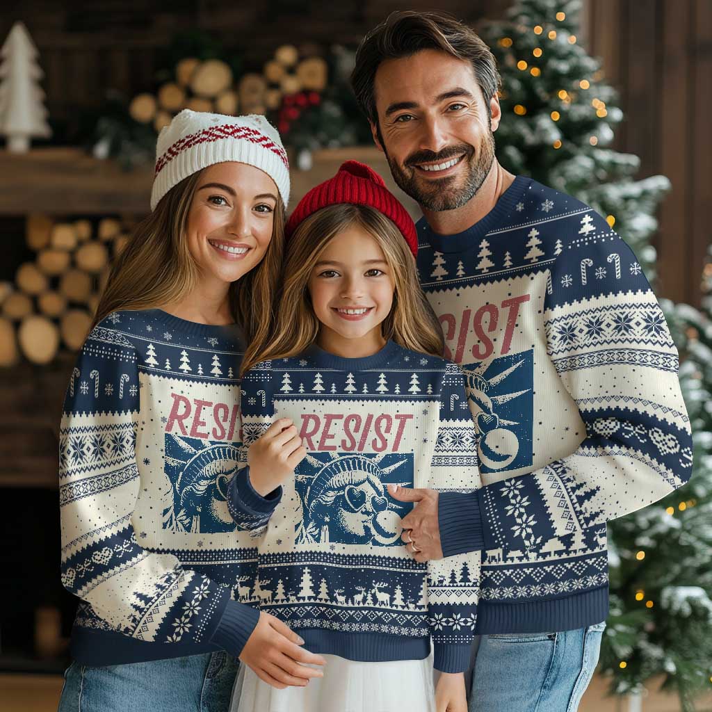 Liberty Resist Ugly Christmas Sweater Feminist Bubblegum Statue of Liberty Retro Graphic TS02 Beige Navy Print Your Wear