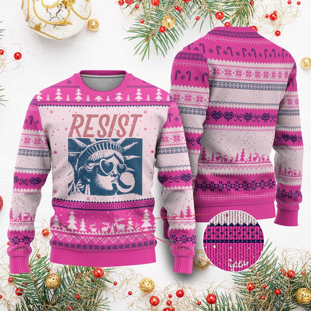 Liberty Resist Ugly Christmas Sweater Feminist Bubblegum Statue of Liberty Retro Graphic TS02 Hot Pink Print Your Wear