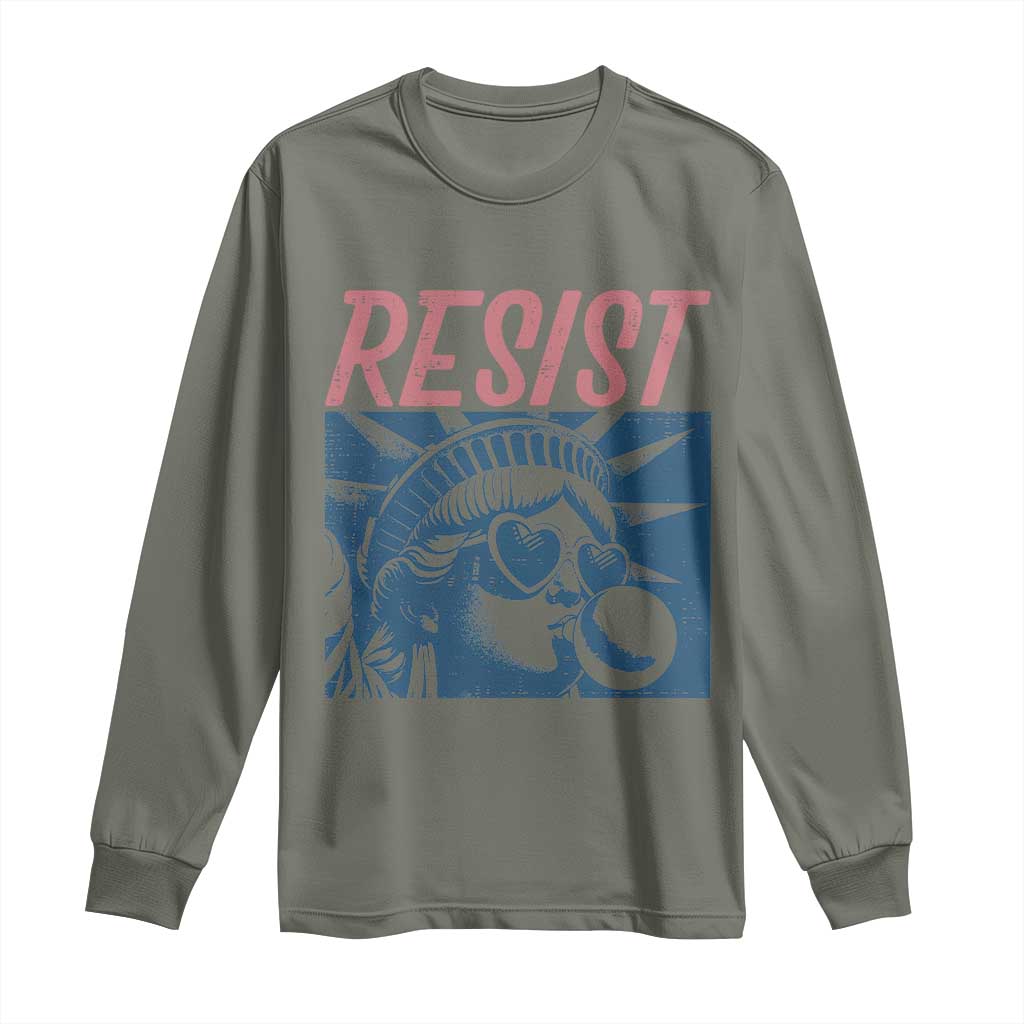 Liberty Resist Long Sleeve Shirt Feminist Bubblegum Statue of Liberty Retro Graphic TS02 Military Green Print Your Wear