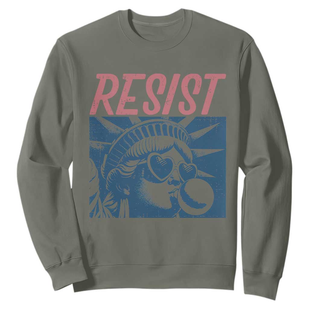 Liberty Resist Sweatshirt Feminist Bubblegum Statue of Liberty Retro Graphic TS02 Military Green Print Your Wear