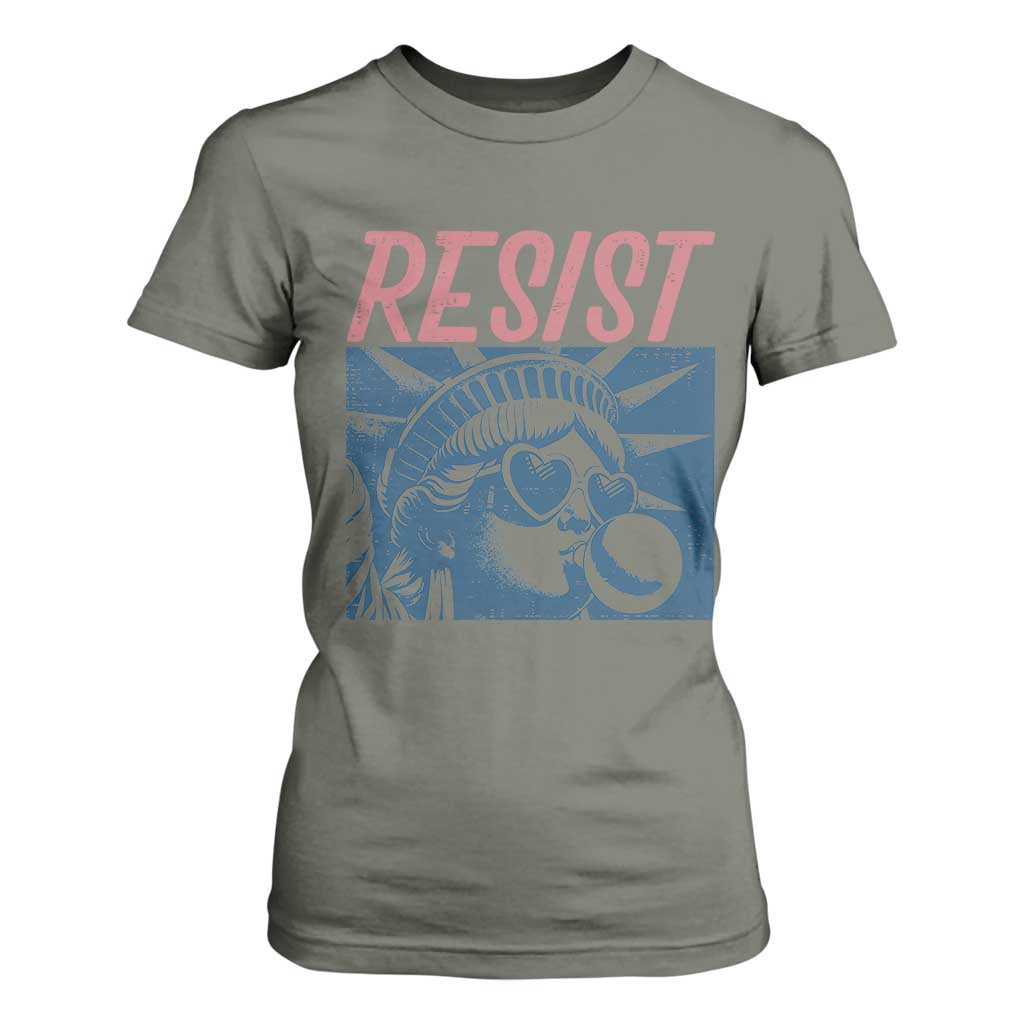 Liberty Resist T Shirt For Women Feminist Bubblegum Statue of Liberty Retro Graphic TS02 Military Green Print Your Wear