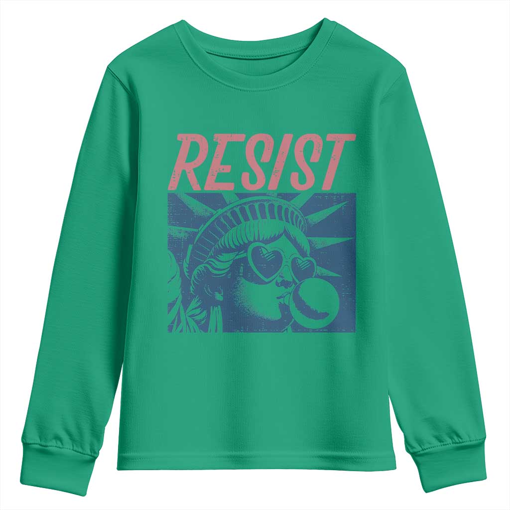Liberty Resist Youth Sweatshirt Feminist Bubblegum Statue of Liberty Retro Graphic TS02 Irish Green Print Your Wear