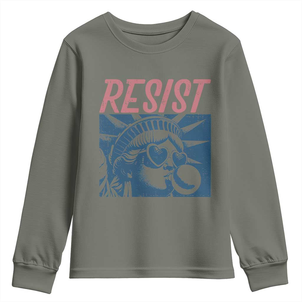 Liberty Resist Youth Sweatshirt Feminist Bubblegum Statue of Liberty Retro Graphic TS02 Military Green Print Your Wear