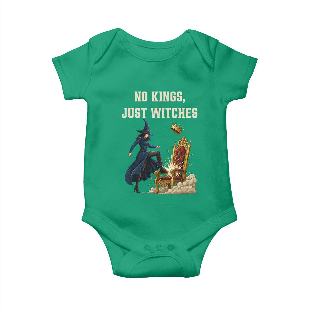 No Kings Just Witches Baby Onesie Feminist Witch Kicking Throne Protest TS02 Irish Green Print Your Wear