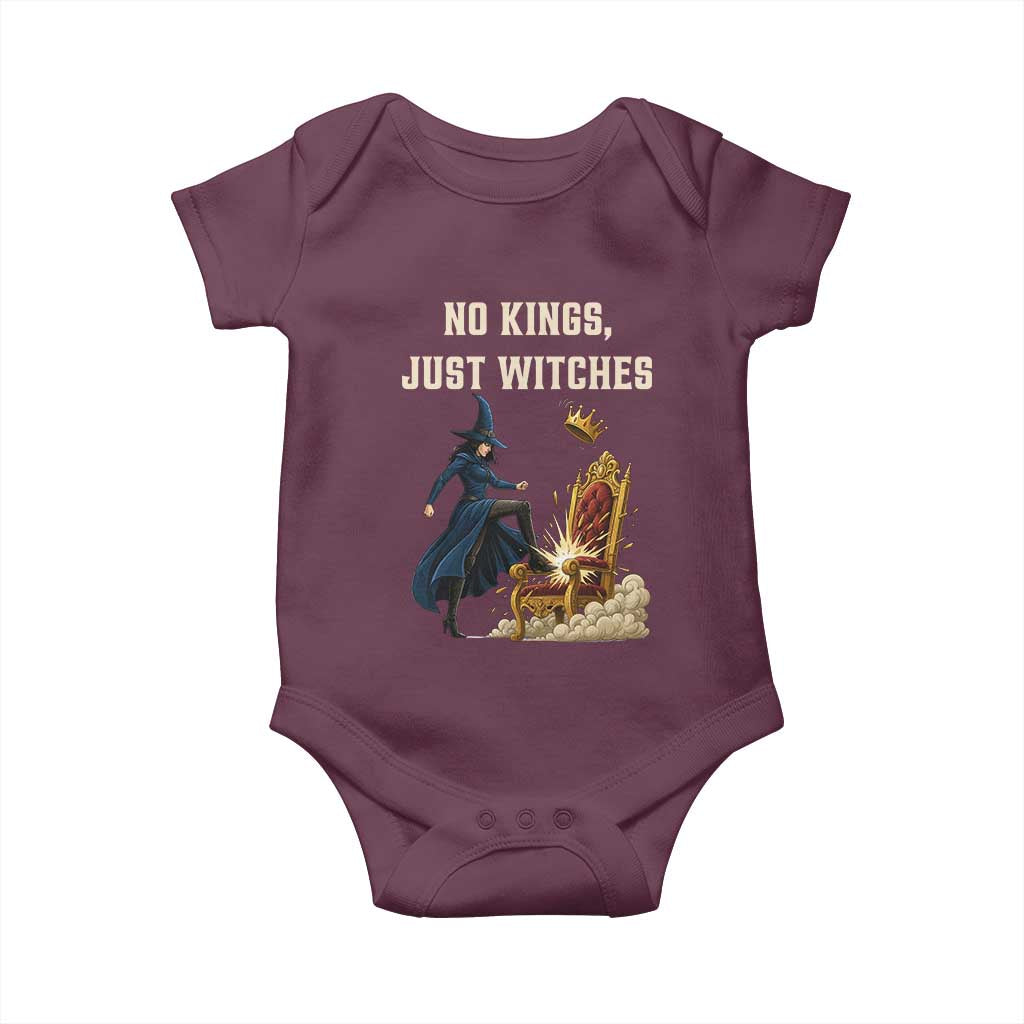 No Kings Just Witches Baby Onesie Feminist Witch Kicking Throne Protest TS02 Maroon Print Your Wear