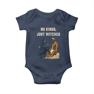 No Kings Just Witches Baby Onesie Feminist Witch Kicking Throne Protest TS02 Navy Print Your Wear