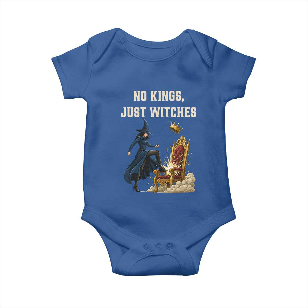 No Kings Just Witches Baby Onesie Feminist Witch Kicking Throne Protest TS02 Royal Blue Print Your Wear