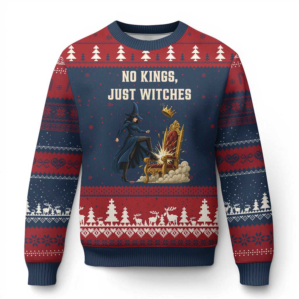 No Kings Just Witches Ugly Christmas Sweater Feminist Witch Kicking Throne Protest TS02 Navy Red Print Your Wear