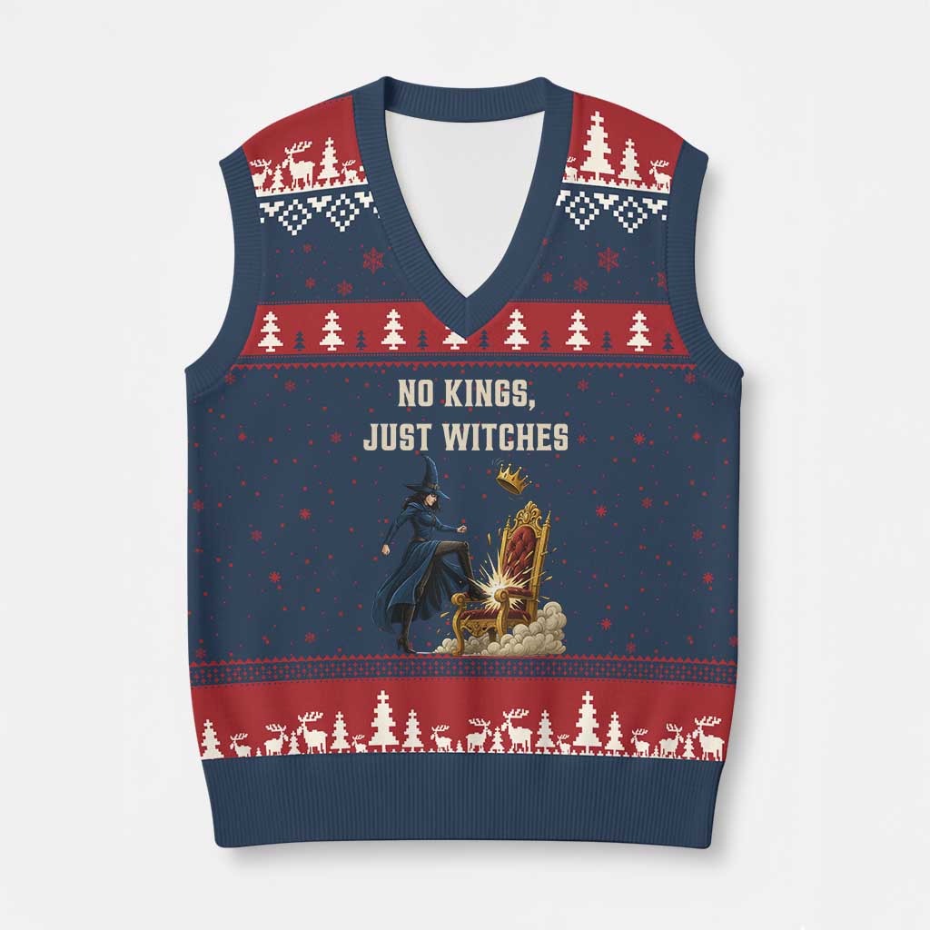 No Kings Just Witches V-Neck Knit Sweater Vest Feminist Witch Kicking Throne Protest TS02 Navy Red Print Your Wear