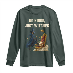 No Kings Just Witches Long Sleeve Shirt Feminist Witch Kicking Throne Protest TS02 Dark Forest Green Print Your Wear
