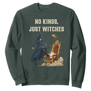 No Kings Just Witches Sweatshirt Feminist Witch Kicking Throne Protest TS02 Dark Forest Green Print Your Wear