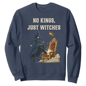 No Kings Just Witches Sweatshirt Feminist Witch Kicking Throne Protest TS02 Navy Print Your Wear