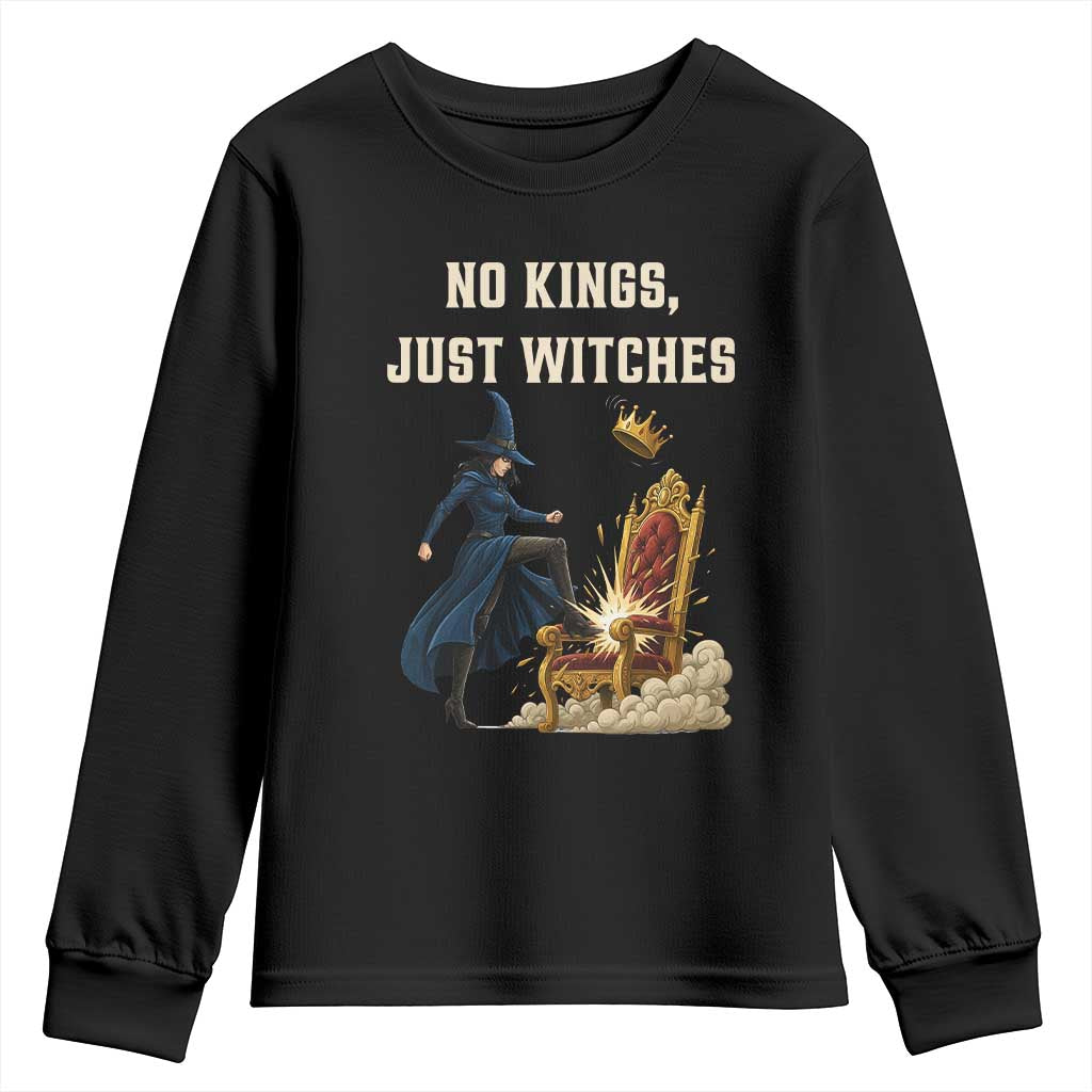 No Kings Just Witches Youth Sweatshirt Feminist Witch Kicking Throne Protest TS02 Black Print Your Wear