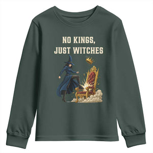 No Kings Just Witches Youth Sweatshirt Feminist Witch Kicking Throne Protest TS02 Dark Forest Green Print Your Wear