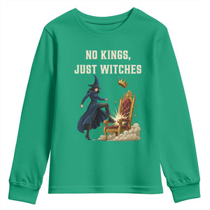No Kings Just Witches Youth Sweatshirt Feminist Witch Kicking Throne Protest TS02 Irish Green Print Your Wear