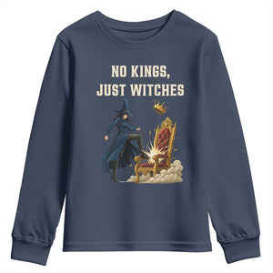 No Kings Just Witches Youth Sweatshirt Feminist Witch Kicking Throne Protest TS02 Navy Print Your Wear
