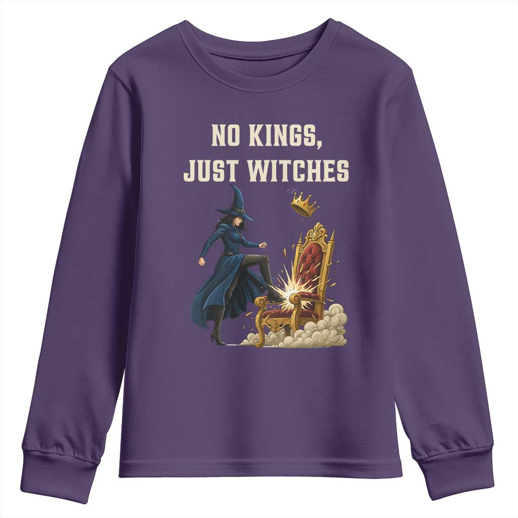 No Kings Just Witches Youth Sweatshirt Feminist Witch Kicking Throne Protest TS02 Purple Print Your Wear