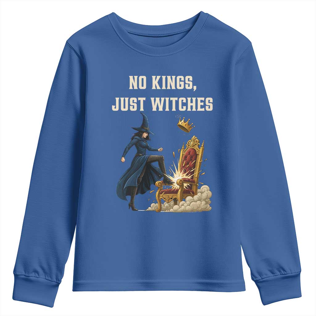 No Kings Just Witches Youth Sweatshirt Feminist Witch Kicking Throne Protest TS02 Royal Blue Print Your Wear