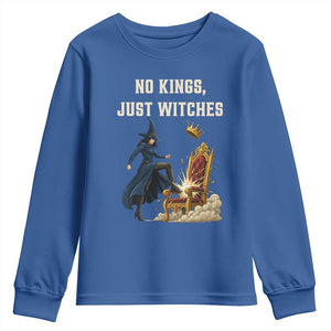 No Kings Just Witches Youth Sweatshirt Feminist Witch Kicking Throne Protest TS02 Royal Blue Print Your Wear