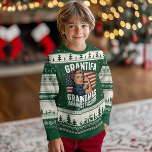 Patriotic Grantifa Ugly Christmas Sweater Grandmas Against Fascism Protest American Flag TS02 Forest Green Beige Print Your Wear