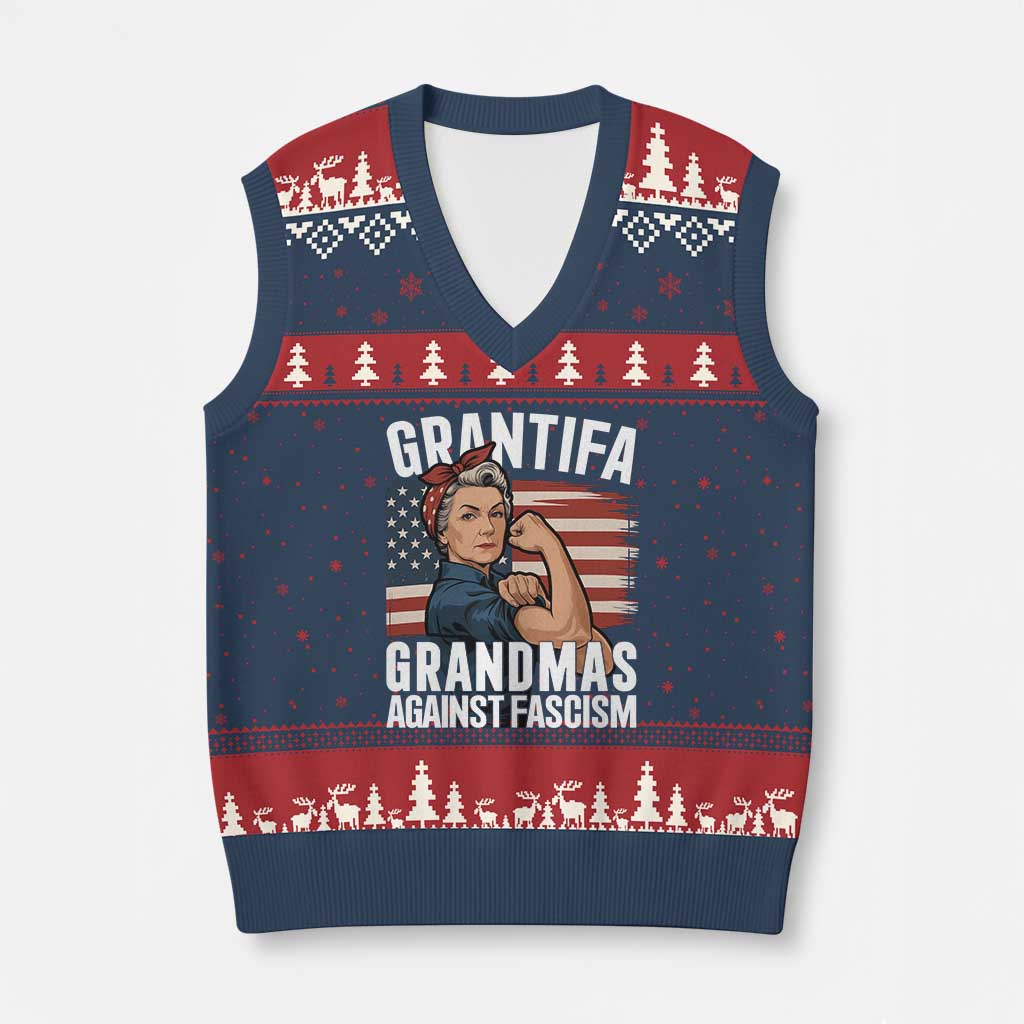 Patriotic Grantifa V-Neck Knit Sweater Vest Grandmas Against Fascism Protest American Flag TS02 Navy Red Print Your Wear