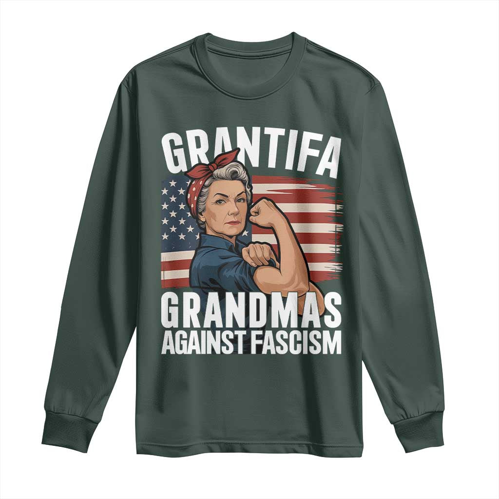 Patriotic Grantifa Long Sleeve Shirt Grandmas Against Fascism Protest American Flag TS02 Dark Forest Green Print Your Wear